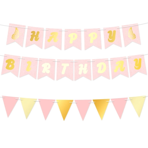 Set di Banner per Feste di Compleanno a Farfalla Rosa Oro Viola Happy Birthday Con Ghirlanda di Bandiere in Carta Triangolare