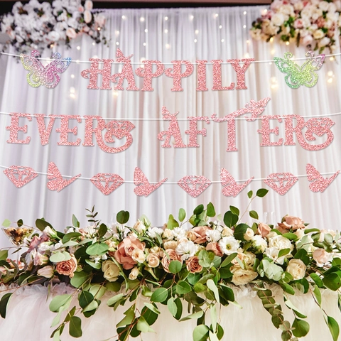 Glitter Paper Happily Ever After Banner With Butterfly Diamond Garland For Wedding Party Birthday Hanging Decoration