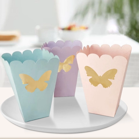 Butterfly Popcorn Boxes Gold Stamping Paper Snack Bags Macaron Pink Blue Purple Containers For Birthday Wedding Party Decor