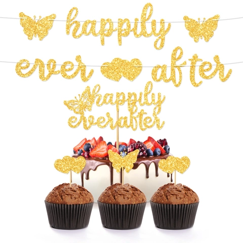 Happily Ever After Glitter Paper Butterfly Party Decoration Banner And Cake Toppers For Wedding Anniversary Birthday