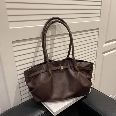 Women Pebbled PU Leather Large Capacity Ruched Tote Bag Fashion Commuter Shoulder Bag With Metal Buckle Splash-proof Travel Satchel