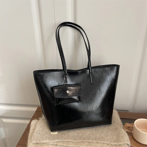 Sac Cabas de Luxe en Cuir PU Brillant de Grande Capacité Et Mini Pochette pour Femme Style Minimaliste Coréen Sac à Main d'Épaule