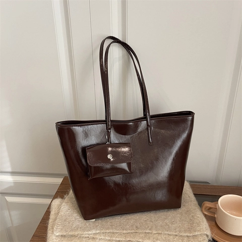Sac Cabas de Luxe en Cuir PU Brillant de Grande Capacité Et Mini Pochette pour Femme Style Minimaliste Coréen Sac à Main d'Épaule