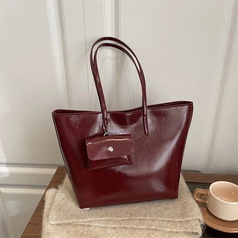 Women Large Capacity Glossy PU Leather Tote Bag And Mini Hanging Coin Purse Shiny Shoulder Handbag Work Daily Commute