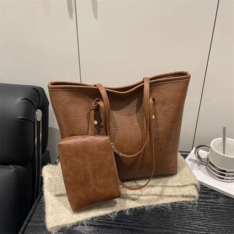 Sac Cabas Femme Grande Capacité Ensemble Mère-Fille Cuir PU Texture Litchi Minimaliste Sac à Épaule Pochette pour École Travail