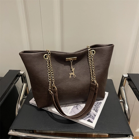 Dames Mode PU Leer Tote Bag Met Gouden Ketting Schouderband En Herten Hanger Grote Capaciteit Stedelijke Eenvoud Woon-werkverkeer Handtas