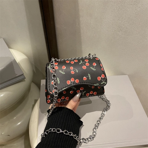 Women's Mini PU Leather Crossbody Bag Cute Cherry Strawberry Print Chain Shoulder Bag Small Square Flap Bag For Daily Outing