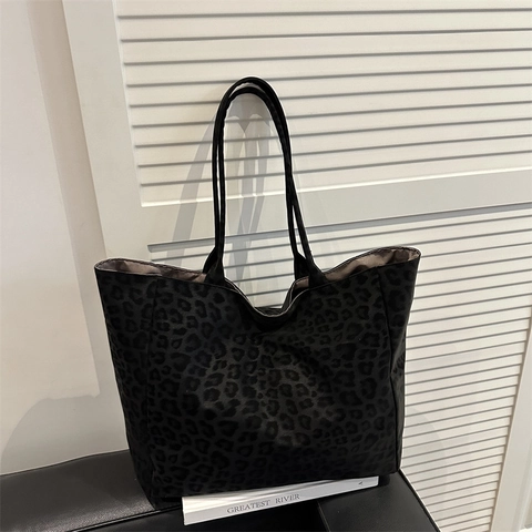 Borsa Tote da Donna a Grande Capacità con Stampa Leopardata Effetto Scamosciato Borsa a Tracolla Pendolarismo Casual Animalier