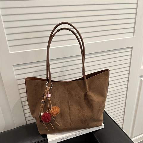 Vintage Wildleder-Optik PU-Leder Shopper Mit Großer Kapazität Für Damen Lässige Einfache Schultertasche Mit Bommel