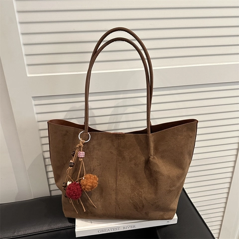Vintage Wildleder-Optik PU-Leder Shopper Mit Großer Kapazität Für Damen Lässige Einfache Schultertasche Mit Bommel