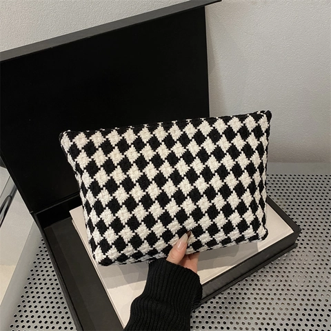 Große Kapazität Kariert Hahnentritt Gewebte Kosmetiktasche Retro Tragbare Nischendesign Strick Clutch Tasche Damen Reiseaufbewahrung