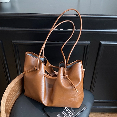 Große Kapazität PU Leder Einkaufstasche Damen Vintage Pendeln Umhängetasche Mit Kordelzug Knoten Minimalistische Handtasche