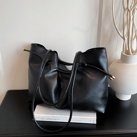 Große Kapazität PU Leder Einkaufstasche Damen Vintage Pendeln Umhängetasche Mit Kordelzug Knoten Minimalistische Handtasche
