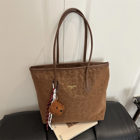 Borsa Tote Vintage Leopardata Simil Camoscio Grande Capacità Borsa A Tracolla Con Orsetto Di Peluche Per Donne
