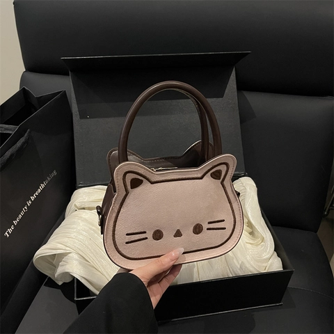 Cute Cat Shaped Embroidery Handbag For Women Vintage Suede Frosted Texture Crossbody Bag With Adjustable Shoulder Strap