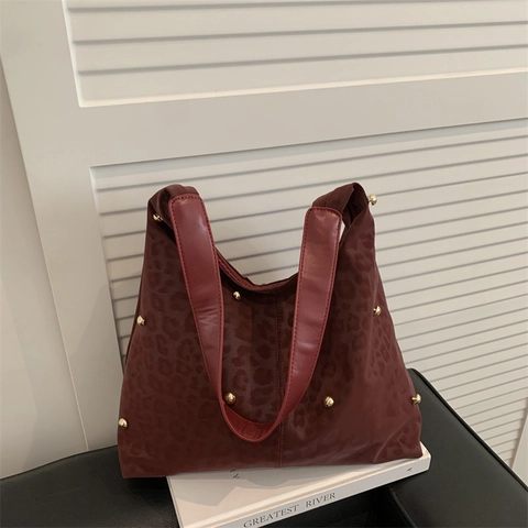 Damen Leopardenmuster Tote Bag Wildlederimitat Große Kapazität Umhängetasche Mit Goldnieten Casual Hobo Handtasche Für Alltag