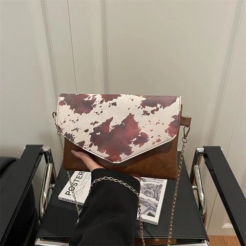 Damen Vintage Kuh Print Envelope Schultertasche PU Leder Goldene Kette Umhängetasche Mode Kleine Quadratische Handtasche