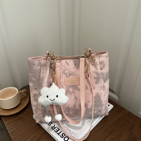 Women's Celestial Starry Star Moon Print Tote Bag Large Capacity Synthetic Leather Shoulder Bag With Cloud Pendant Fashion Handbag