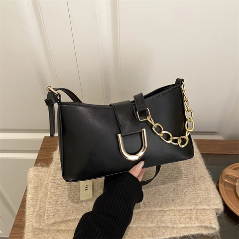 Women Retro PU Leather Underarm Shoulder Bag With Gold Metal Buckle And Chain Fashion Small Baguette Crossbody Purse
