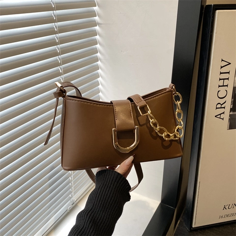 Women Retro PU Leather Underarm Shoulder Bag With Gold Metal Buckle And Chain Fashion Small Baguette Crossbody Purse