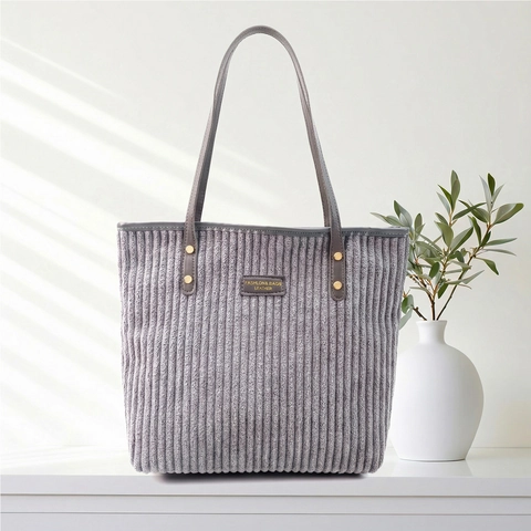 Bolso Tote de Pana para Mujer Gran Capacidad Bolso de Hombro Con Cremallera Asa de Cuero Rayado Casual Trabajo