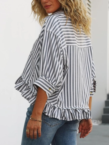 Chemisier À Rayures En Polyester Pour Femmes Avec Ourlet À Volants Col À Revers Boutonné Haut Décontracté À Manches Longues Avec Poche