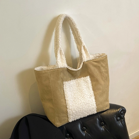 Bolso Tote De Gran Capacidad Pana Empalme Faux Sherpa Bolso De Hombro Retro Casual Color Contraste Bolso Cálido Mujeres
