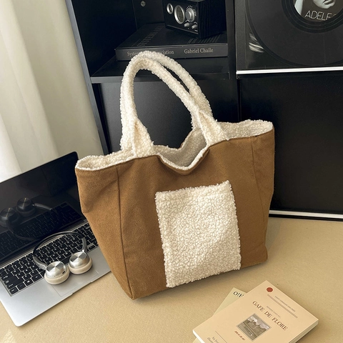 Bolso Tote De Gran Capacidad Pana Empalme Faux Sherpa Bolso De Hombro Retro Casual Color Contraste Bolso Cálido Mujeres