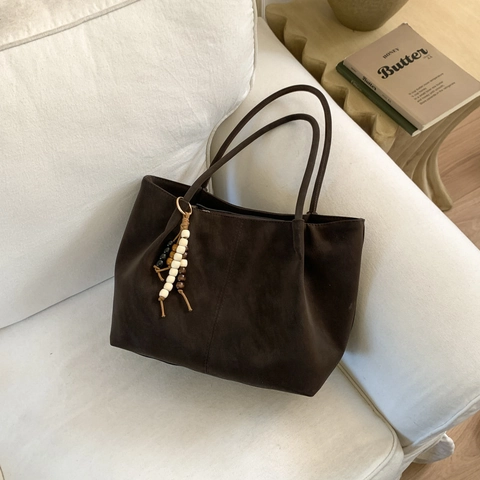 Borsa Tote Donna Scamosciata Opaca Pelle PU Grande Capacità Retro Vintage Con Ciondolo Nappa Perline