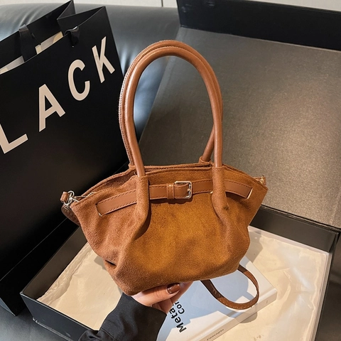 Borsa Tote da Donna in Camoscio Vintage Minimalista a Mano a Spalla a Tracolla Con Fibbia della Cintura Cartella Moda Inverno