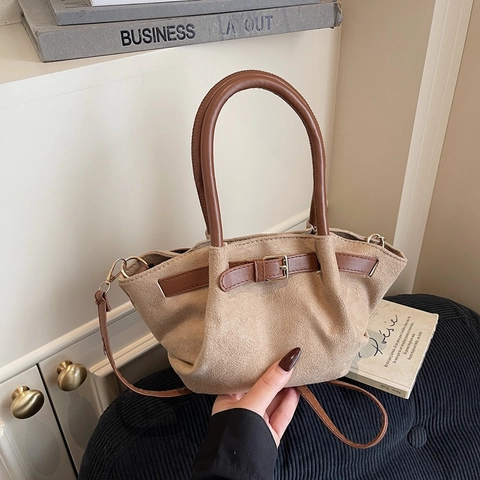 Borsa Tote da Donna in Camoscio Vintage Minimalista a Mano a Spalla a Tracolla Con Fibbia della Cintura Cartella Moda Inverno
