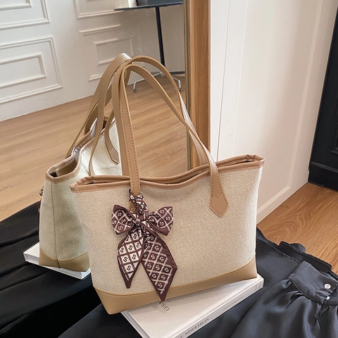 Borsa Tote in Tessuto a Maglia di Grande Capacità da Donna Con Sciarpa Decorativa Tracolla in Pelle PU a Contrasto