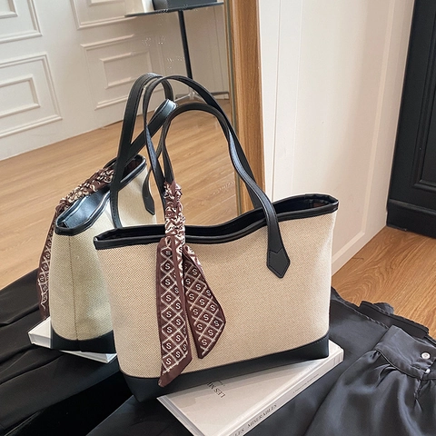 Borsa Tote in Tessuto a Maglia di Grande Capacità da Donna Con Sciarpa Decorativa Tracolla in Pelle PU a Contrasto