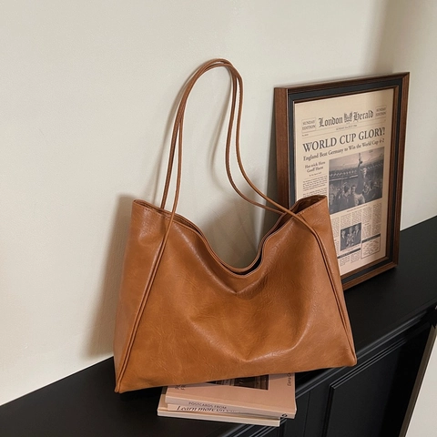 Large Capacity PU Leather Tote Bag For Women Vintage Solid Color Commuter Shoulder Bag Soft Polyurethane Handbag Pouch