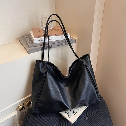 Large Capacity PU Leather Tote Bag For Women Vintage Solid Color Commuter Shoulder Bag Soft Polyurethane Handbag Pouch