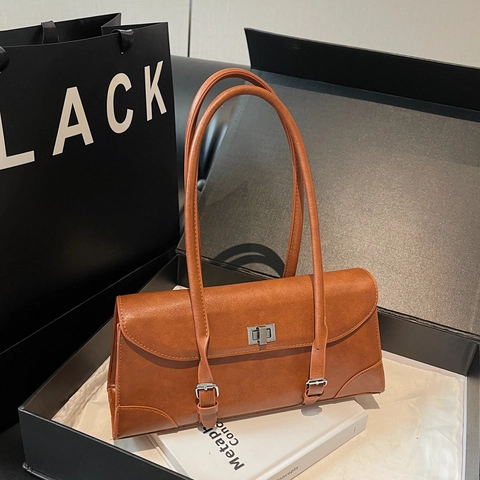 Bolso de Axila de Cuero PU Retro para Mujer Bolso de Hombro de Color Sólido Con Cierre de Metal Correas Dobles Vintage