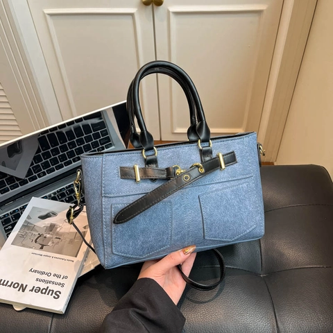 Borsa a Tracolla da Donna in Denim Pelle PU Grande Capacità Borsa a Mano Con Tasche Anteriori Retro Urban Style Tote per Uso Quotidiano