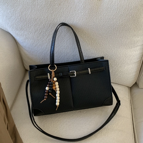 Women Vintage Minimalist Tote Bag Large Capacity PU Leather Woven Fabric Handbag With Wooden Bead Charm Shoulder Bag