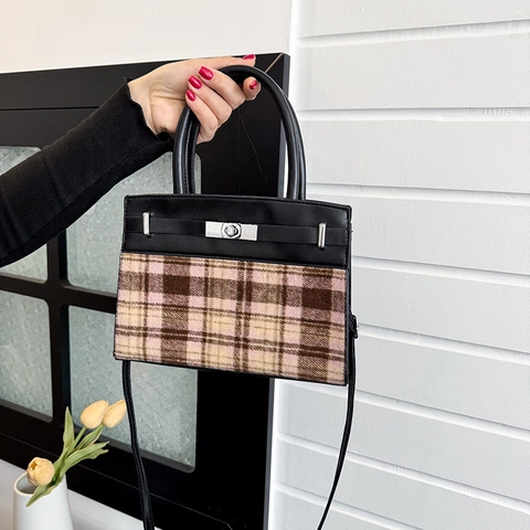 Women Patchwork Plaid Tweed PU Leather Shoulder Bag Vintage Contrast Color Crossbody Handbag With Metal Turn-lock Handle Top