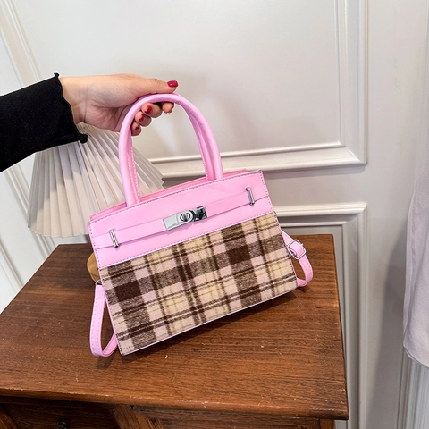 Women Patchwork Plaid Tweed PU Leather Shoulder Bag Vintage Contrast Color Crossbody Handbag With Metal Turn-lock Handle Top
