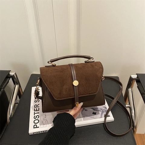 Dames Suède Patchwork Crossbodytas Vintage Kleine Vierkante Schoudertas Met Handvat Pendeltas Elegante Handtas