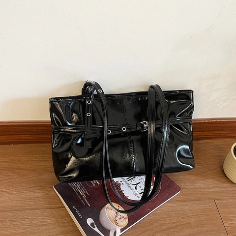 Korean Style Faux Leather Underarm Bag Glossy Large Capacity Tote Shoulder Bag With Belt Buckle For Women Commuting