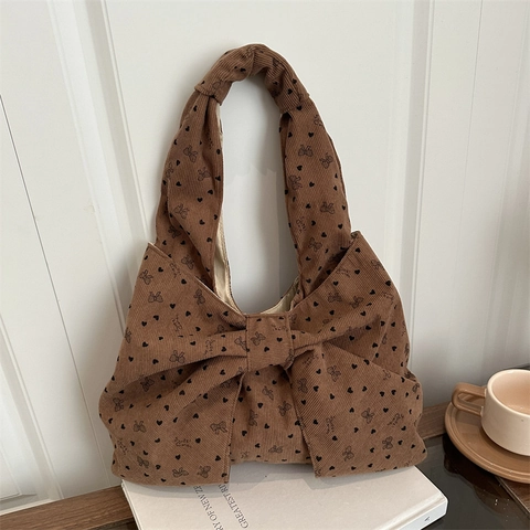 Damen Mode Cord Umhängetasche Große Schleife Herz Muster Große Kapazität Täglich Pendeln Handtasche Weiche Hobo Tasche