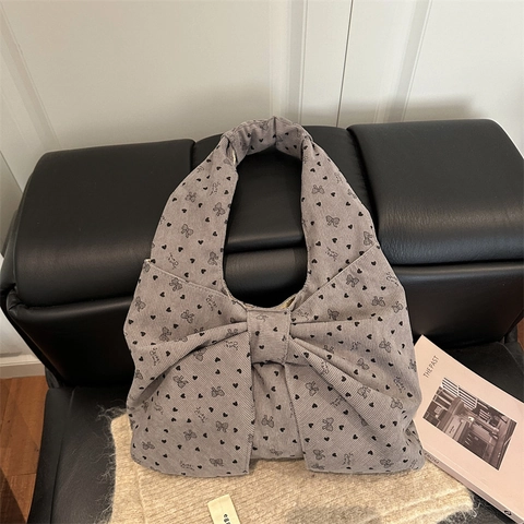 Damen Mode Cord Umhängetasche Große Schleife Herz Muster Große Kapazität Täglich Pendeln Handtasche Weiche Hobo Tasche