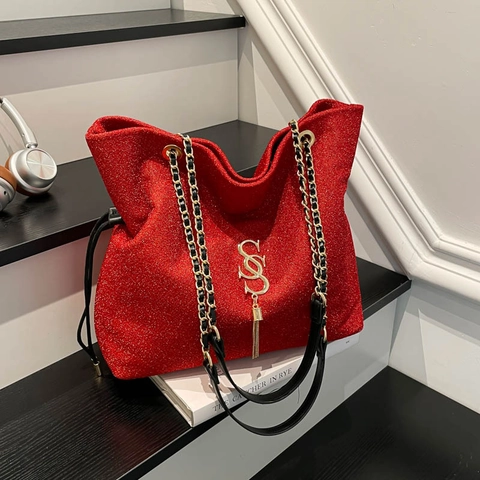Fashion Glitter PU Leather Tote Bag For Women Large Capacity Shoulder Bag With Chain Strap Tassel And Metal Letter Charm