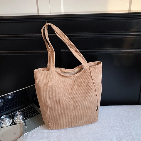 Bolso Tote de Pana para Mujer Gran Capacidad Minimalista Bolso de Hombro Color Sólido Cremallera Bolso para Uso Diario