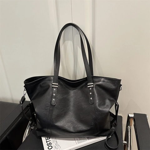Women Large Capacity PU Leather Tote Bag Minimalist Star Rivet Shoulder Bag Versatile Commuting Crossbody Bag For Daily Use