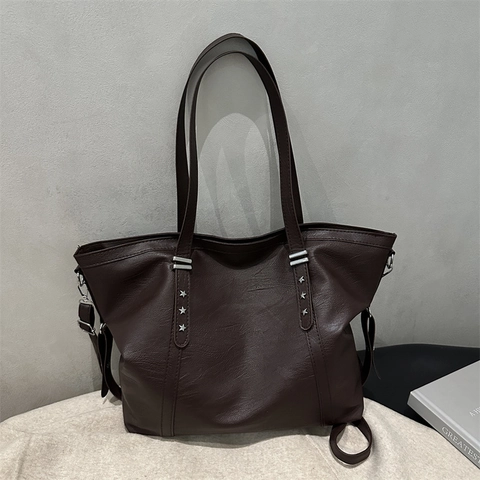 Women Large Capacity PU Leather Tote Bag Minimalist Star Rivet Shoulder Bag Versatile Commuting Crossbody Bag For Daily Use