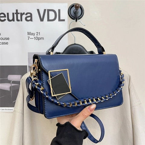 Borsa a Tracolla Quadrata in Pelle PU da Donna Con Catena Intrecciata Dorata Fibbia Geometrica e Manico Per Uso Quotidiano
