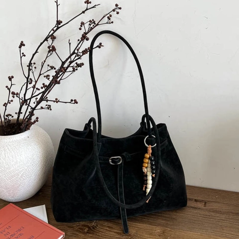 Bolso Tote de Gran Capacidad para Mujer Bolso de Hombro de Gamuza Vintage y Cuero PU Con Colgante de Cuentas de Madera Bolso de Mano